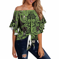 Aotearoa Iwi Ngati Raukawa Off Shoulder Wrap Waist Top Maori Wharenui House Tribal Pattern LT9 Olive green - Polynesian Pride