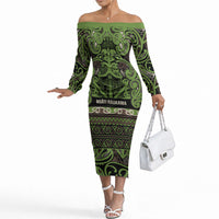 Aotearoa Iwi Ngati Raukawa Off The Shoulder Long Sleeve Dress Maori Wharenui House Tribal Pattern LT9 Women Olive green - Polynesian Pride