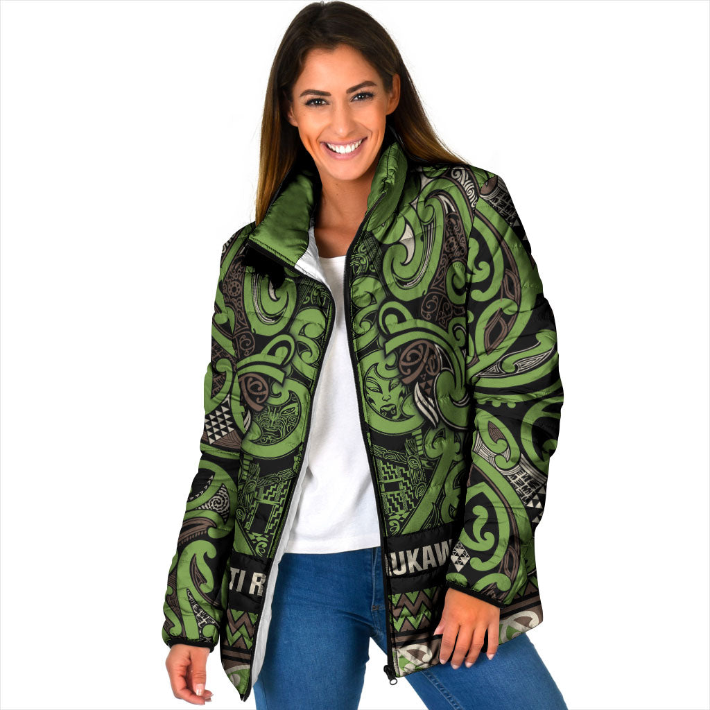 Aotearoa Iwi Ngati Raukawa Padded Jacket Maori Wharenui House Tribal Pattern LT9 Women Olive green - Polynesian Pride