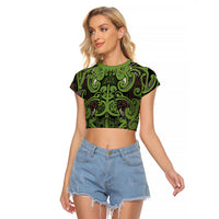 Aotearoa Iwi Ngati Raukawa Raglan Cropped T Shirt Maori Wharenui House Tribal Pattern LT9 Female Olive green - Polynesian Pride