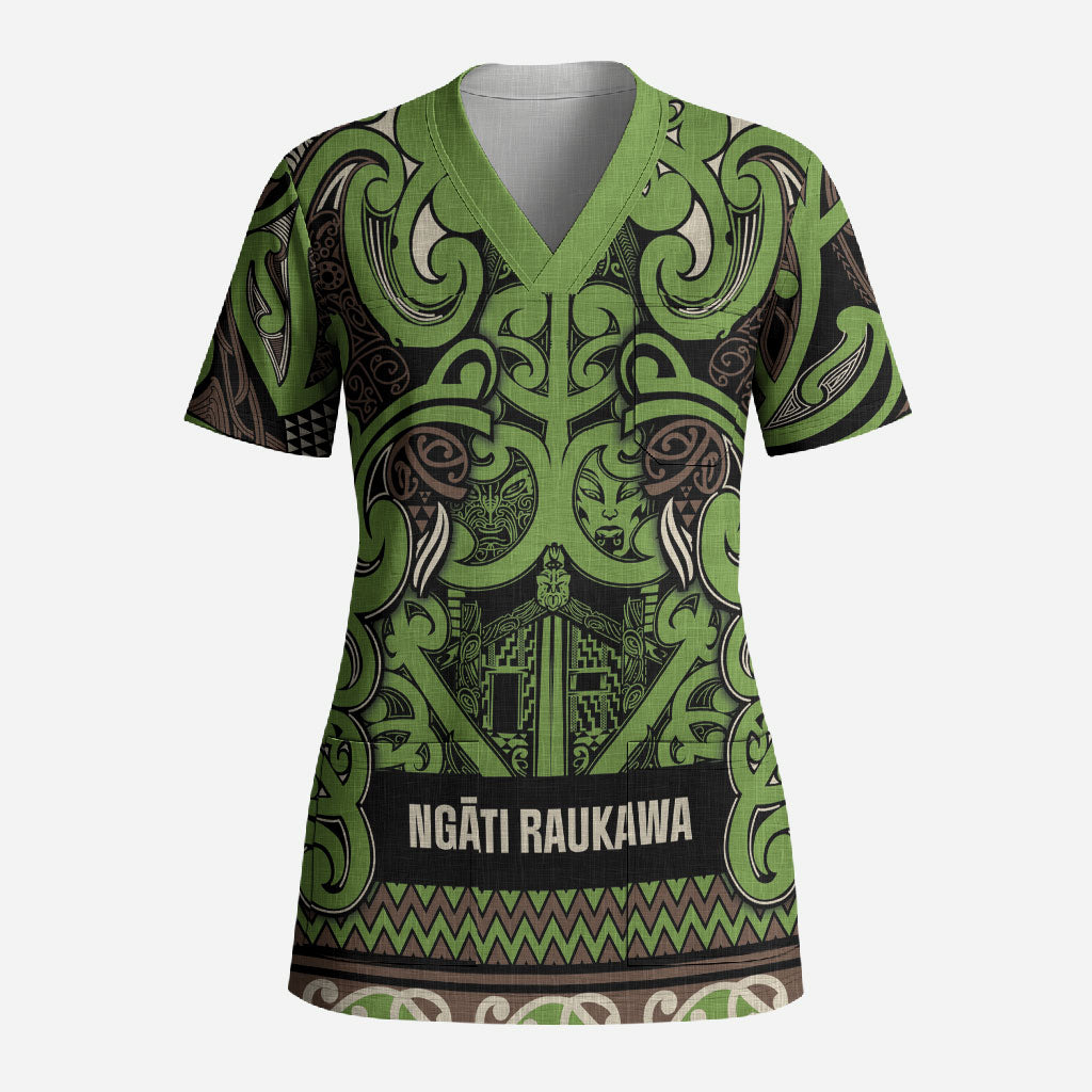 Aotearoa Iwi Ngati Raukawa Scrub Top Maori Wharenui House Tribal Pattern LT9 Adult Olive green - Polynesian Pride