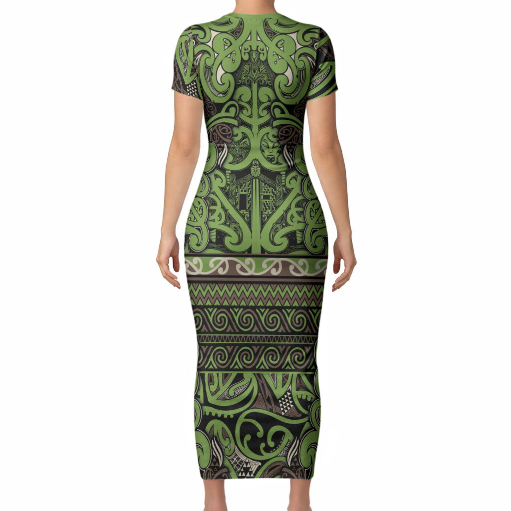 Aotearoa Iwi Ngati Raukawa Short Sleeve Bodycon Dress Maori Wharenui House Tribal Pattern LT9 - Polynesian Pride