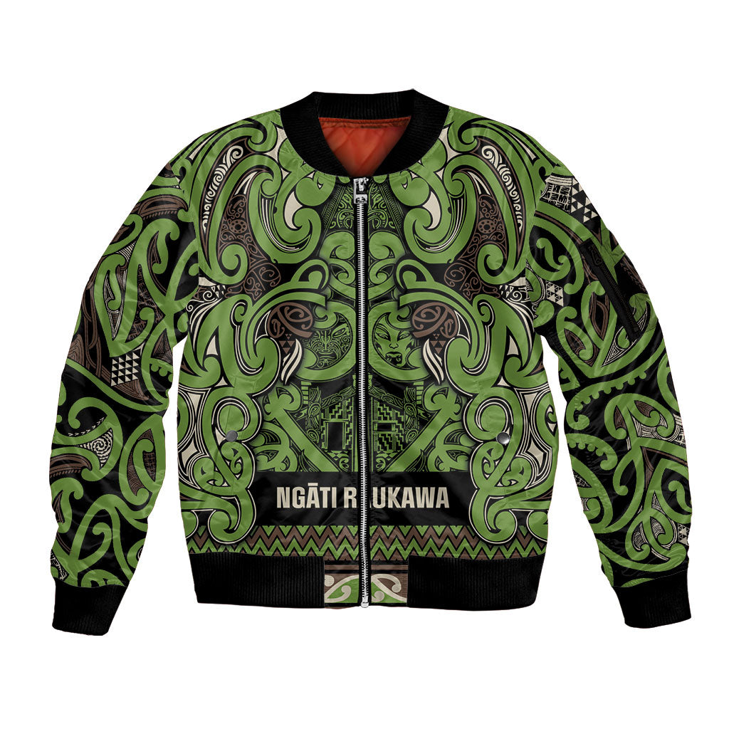 Aotearoa Iwi Ngati Raukawa Sleeve Zip Bomber Jacket Maori Wharenui House Tribal Pattern LT9 Unisex Olive green - Polynesian Pride
