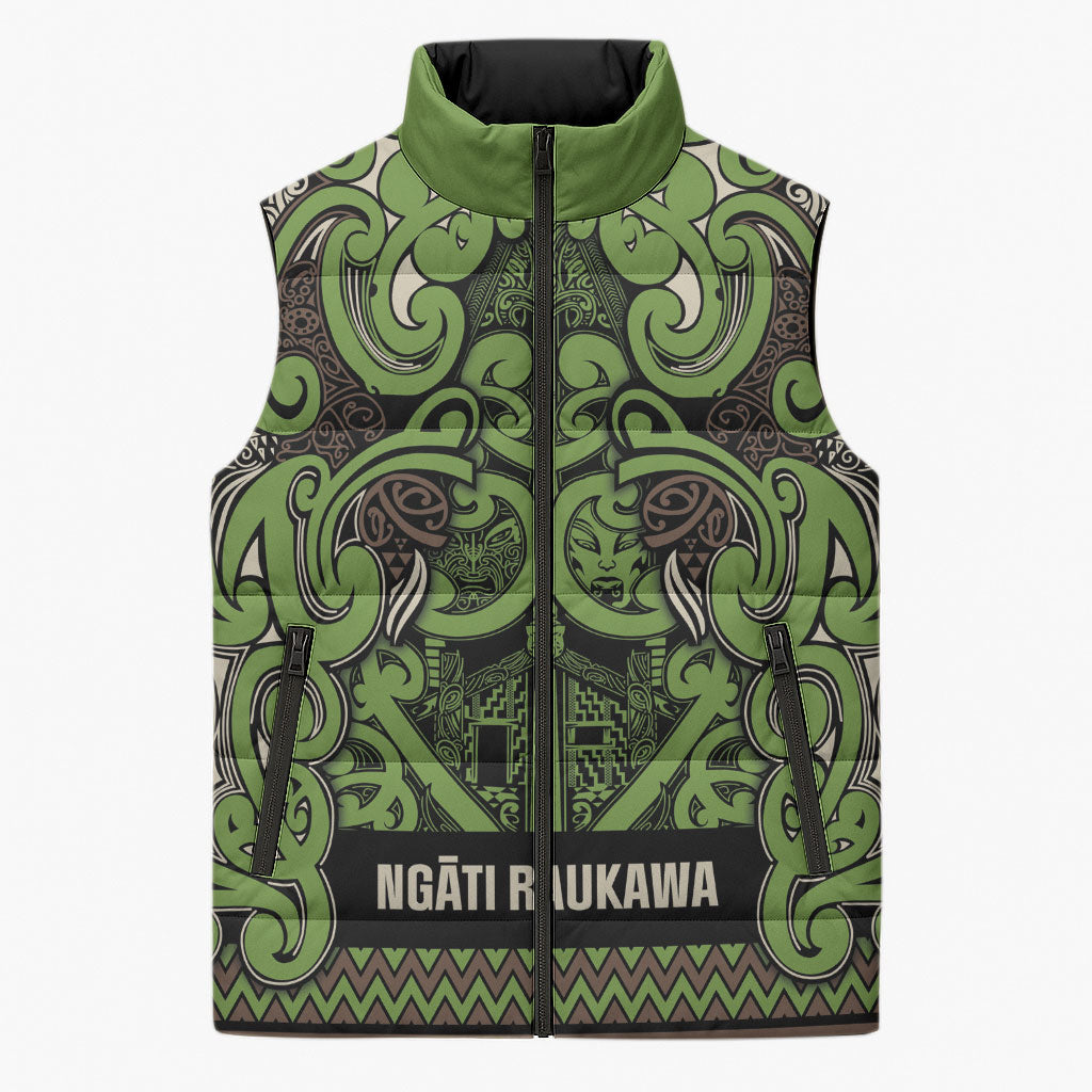 Aotearoa Iwi Ngati Raukawa Sleeveless Puffer Jacket Maori Wharenui House Tribal Pattern LT9 Unisex Olive green - Polynesian Pride