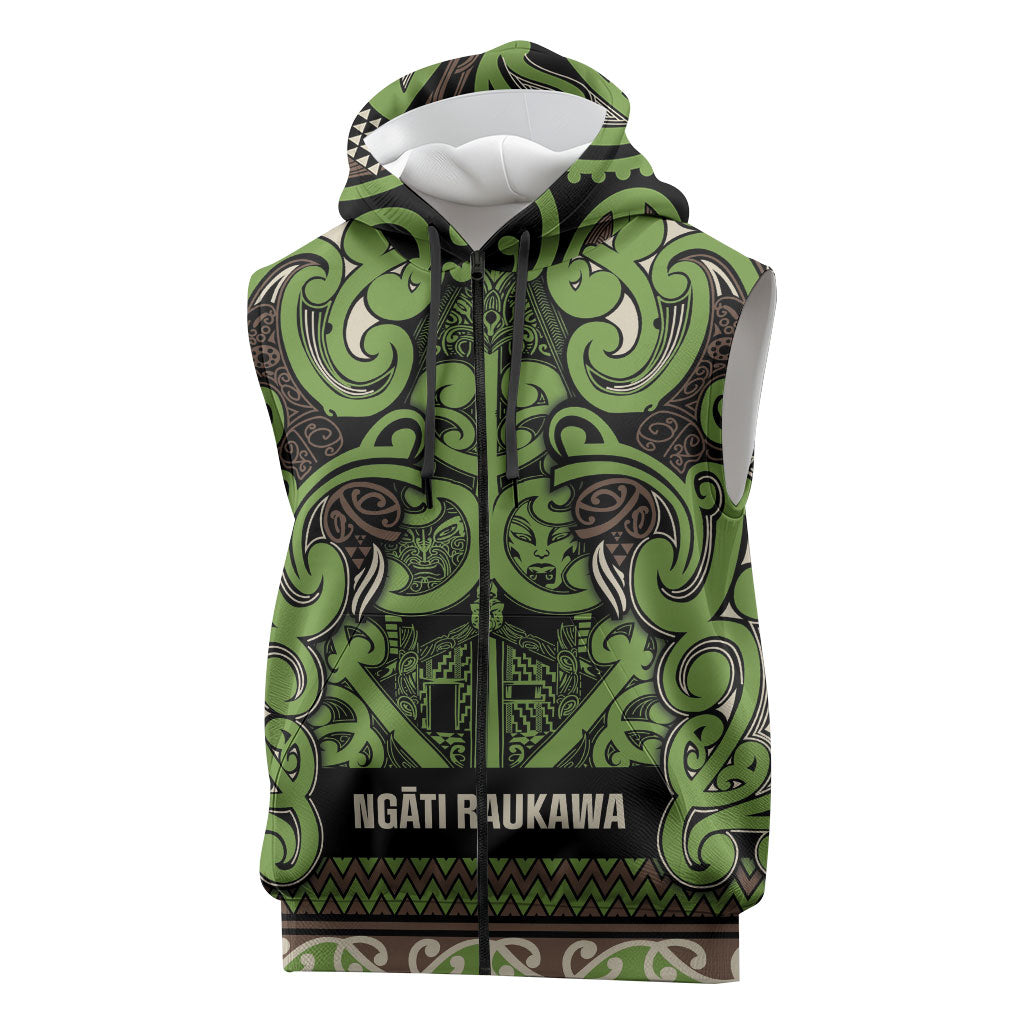 Aotearoa Iwi Ngati Raukawa Sleeveless Zip Hoodie Maori Wharenui House Tribal Pattern LT9 Olive green - Polynesian Pride