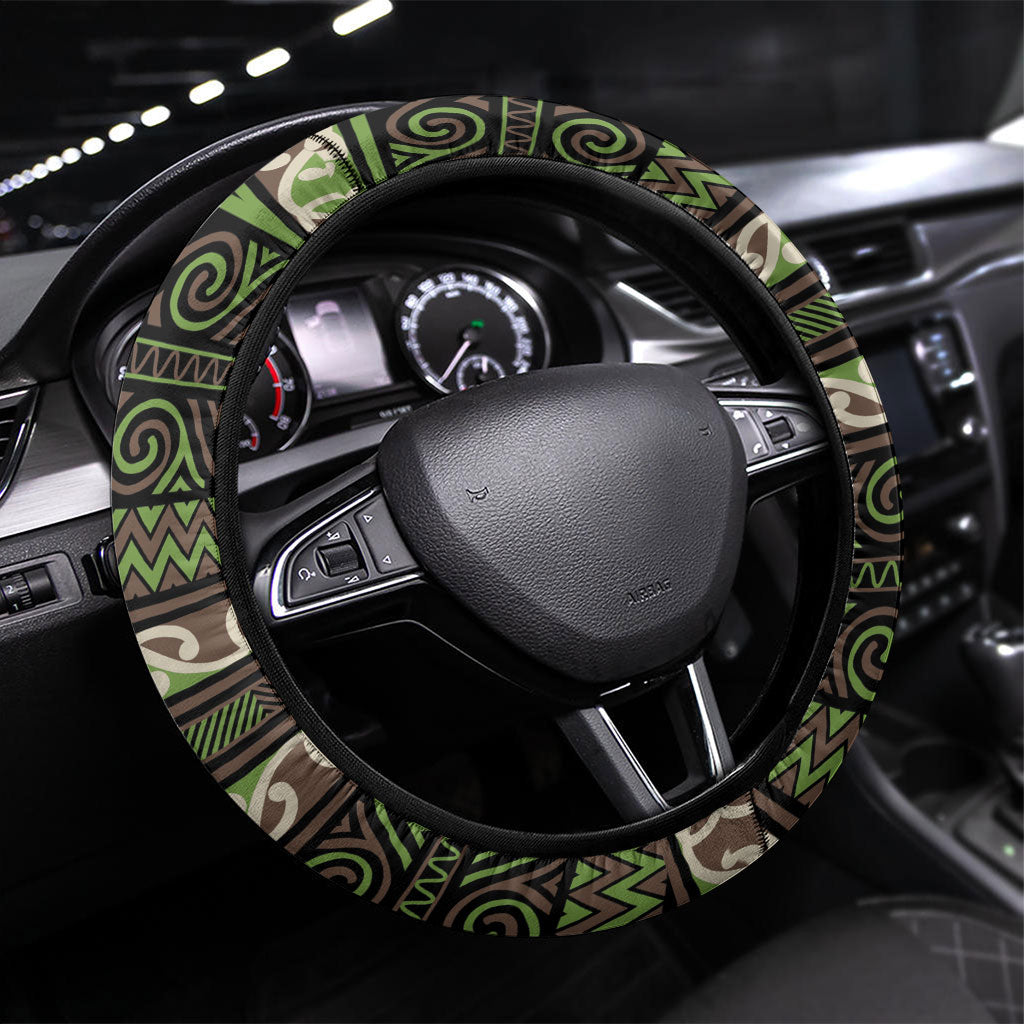 Aotearoa Iwi Ngati Raukawa Steering Wheel Cover Maori Wharenui House Tribal Pattern LT9 Universal Fit Olive green - Polynesian Pride