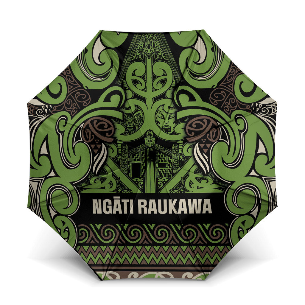 Aotearoa Iwi Ngati Raukawa Umbrella Maori Wharenui House Tribal Pattern LT9 One Size Folded 11.42 inch Opened Diameter 37.4 inch Olive green - Polynesian Pride