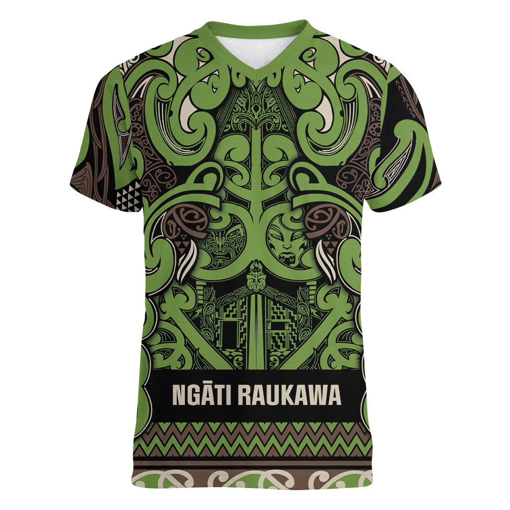 Aotearoa Iwi Ngati Raukawa Women V-Neck T-Shirt Maori Wharenui House Tribal Pattern LT9 Female Olive green - Polynesian Pride