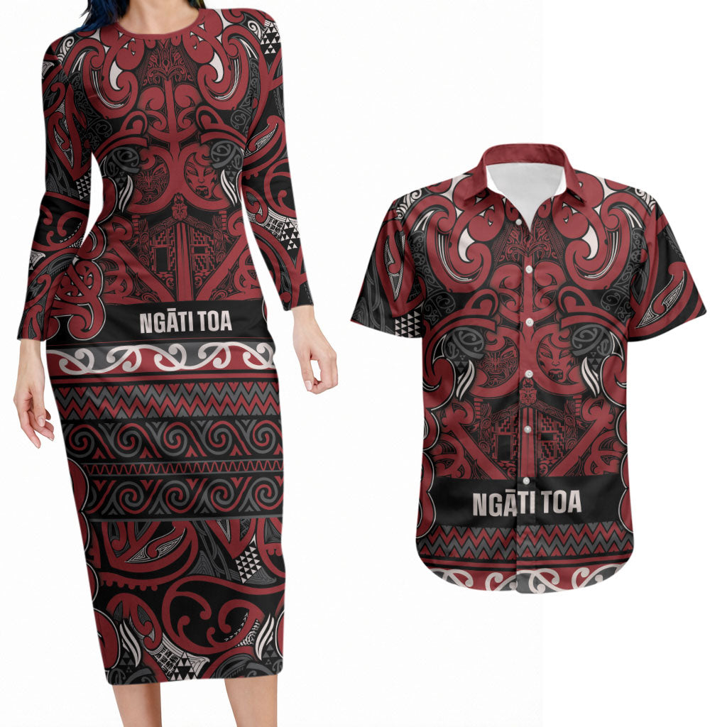 Aotearoa Iwi Ngati Toa Couples Matching Long Sleeve Bodycon Dress and Hawaiian Shirt Maori Wharenui House Tribal Pattern LT9 Dark Red - Polynesian Pride
