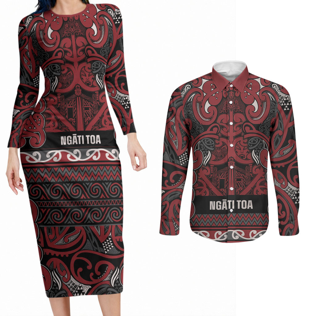 Aotearoa Iwi Ngati Toa Couples Matching Long Sleeve Bodycon Dress and Long Sleeve Button Shirt Maori Wharenui House Tribal Pattern LT9 Dark Red - Polynesian Pride