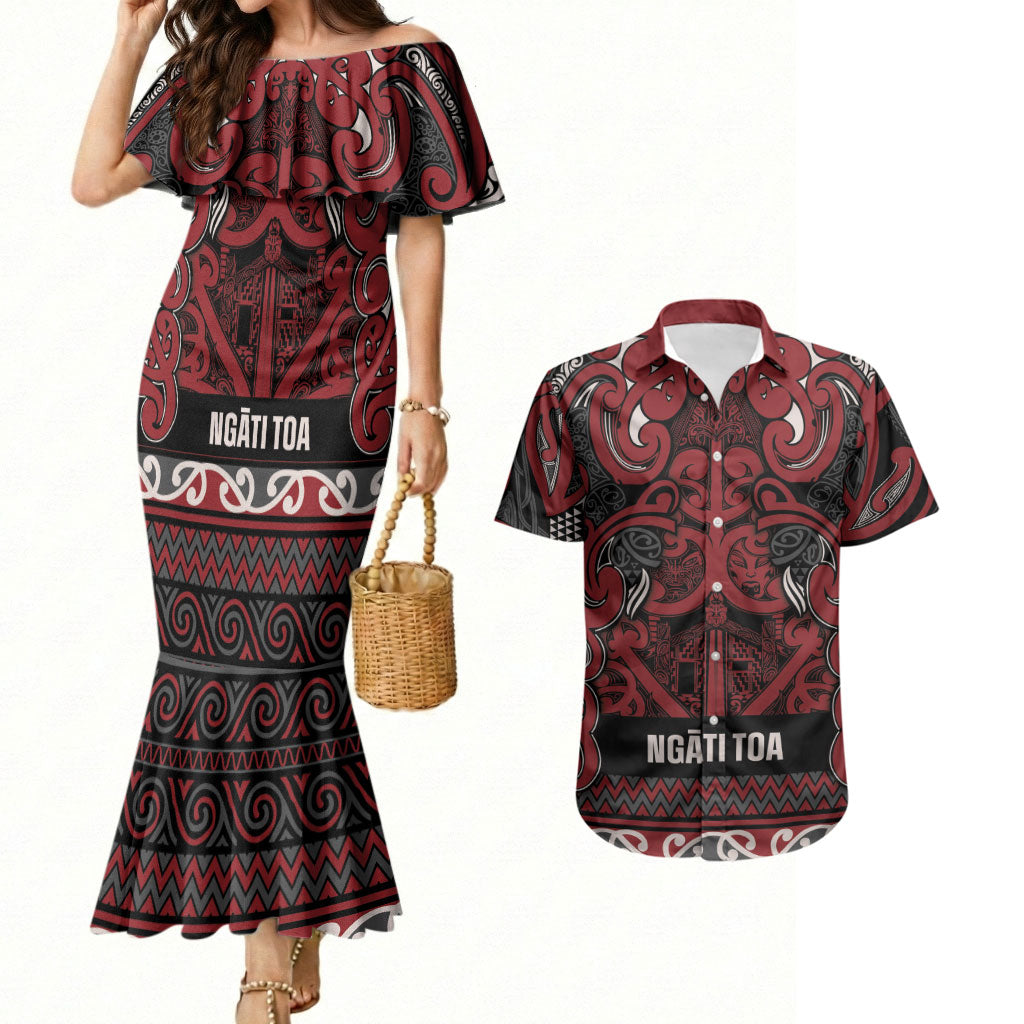 Aotearoa Iwi Ngati Toa Couples Matching Mermaid Dress and Hawaiian Shirt Maori Wharenui House Tribal Pattern LT9 Dark Red - Polynesian Pride
