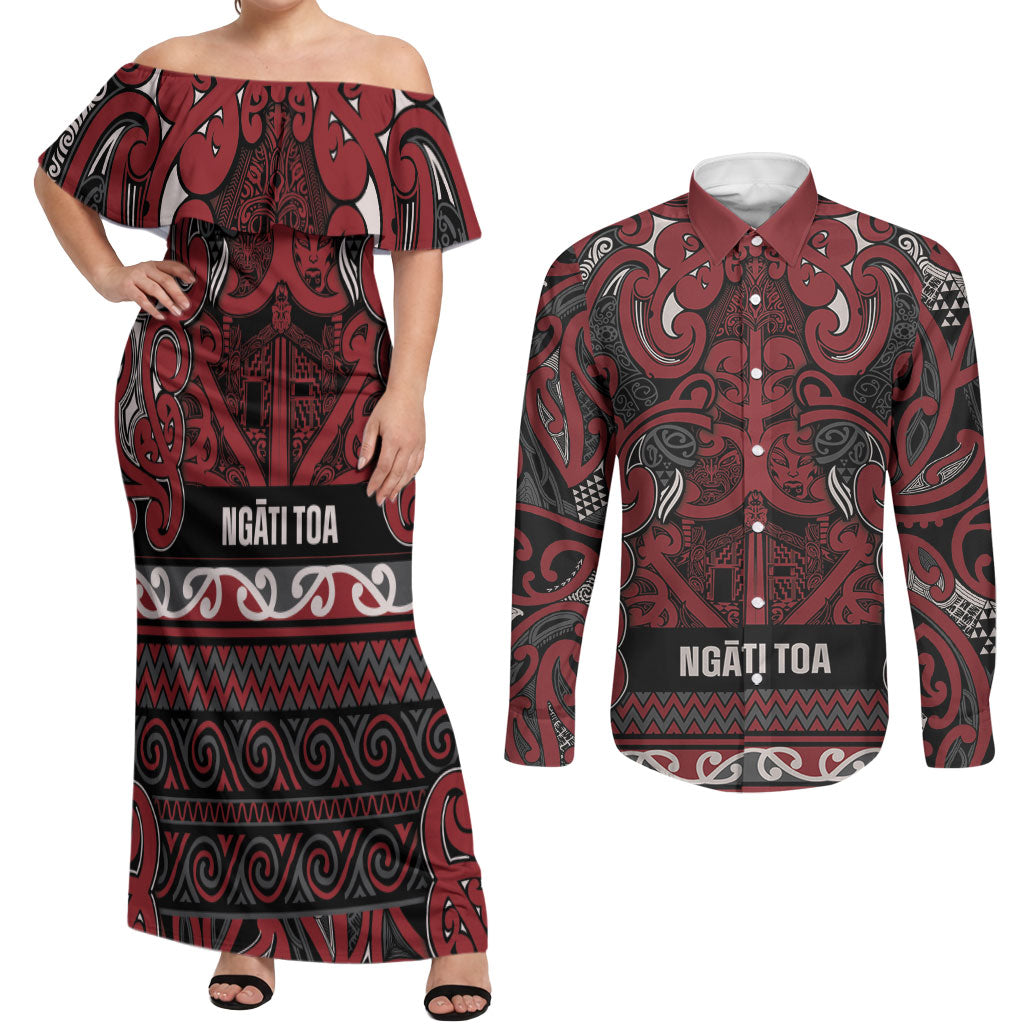 Aotearoa Iwi Ngati Toa Couples Matching Off Shoulder Maxi Dress and Long Sleeve Button Shirt Maori Wharenui House Tribal Pattern LT9 Dark Red - Polynesian Pride