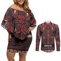 Aotearoa Iwi Ngati Toa Couples Matching Off Shoulder Short Dress and Long Sleeve Button Shirt Maori Wharenui House Tribal Pattern LT9 Dark Red - Polynesian Pride