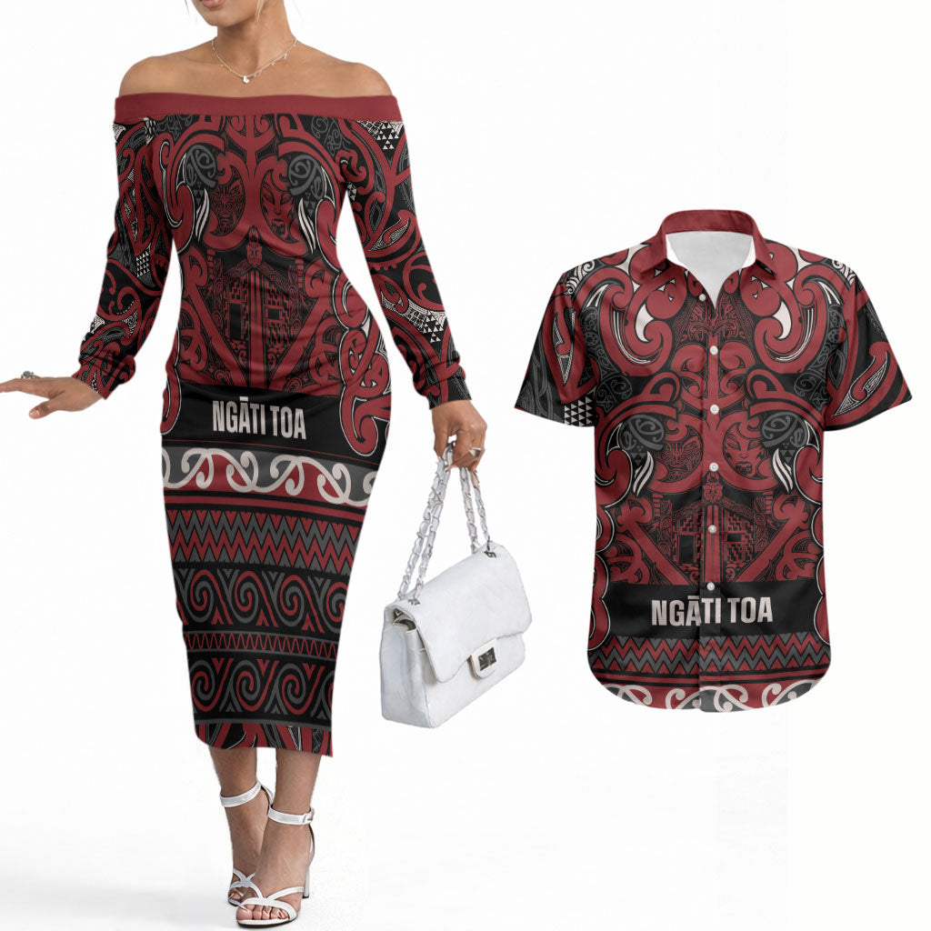 Aotearoa Iwi Ngati Toa Couples Matching Off The Shoulder Long Sleeve Dress and Hawaiian Shirt Maori Wharenui House Tribal Pattern LT9 Dark Red - Polynesian Pride