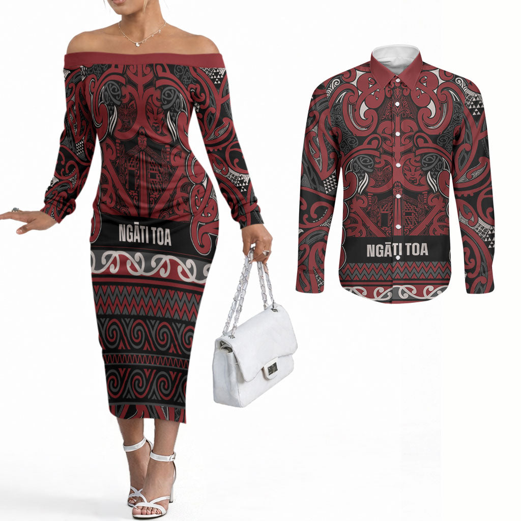 Aotearoa Iwi Ngati Toa Couples Matching Off The Shoulder Long Sleeve Dress and Long Sleeve Button Shirt Maori Wharenui House Tribal Pattern LT9 Dark Red - Polynesian Pride