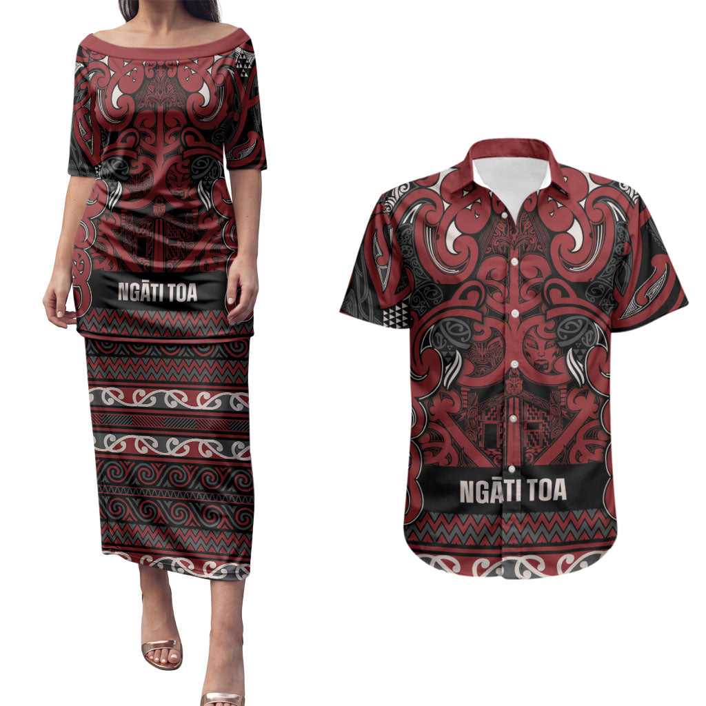 Aotearoa Iwi Ngati Toa Couples Matching Puletasi and Hawaiian Shirt Maori Wharenui House Tribal Pattern LT9 Dark Red - Polynesian Pride