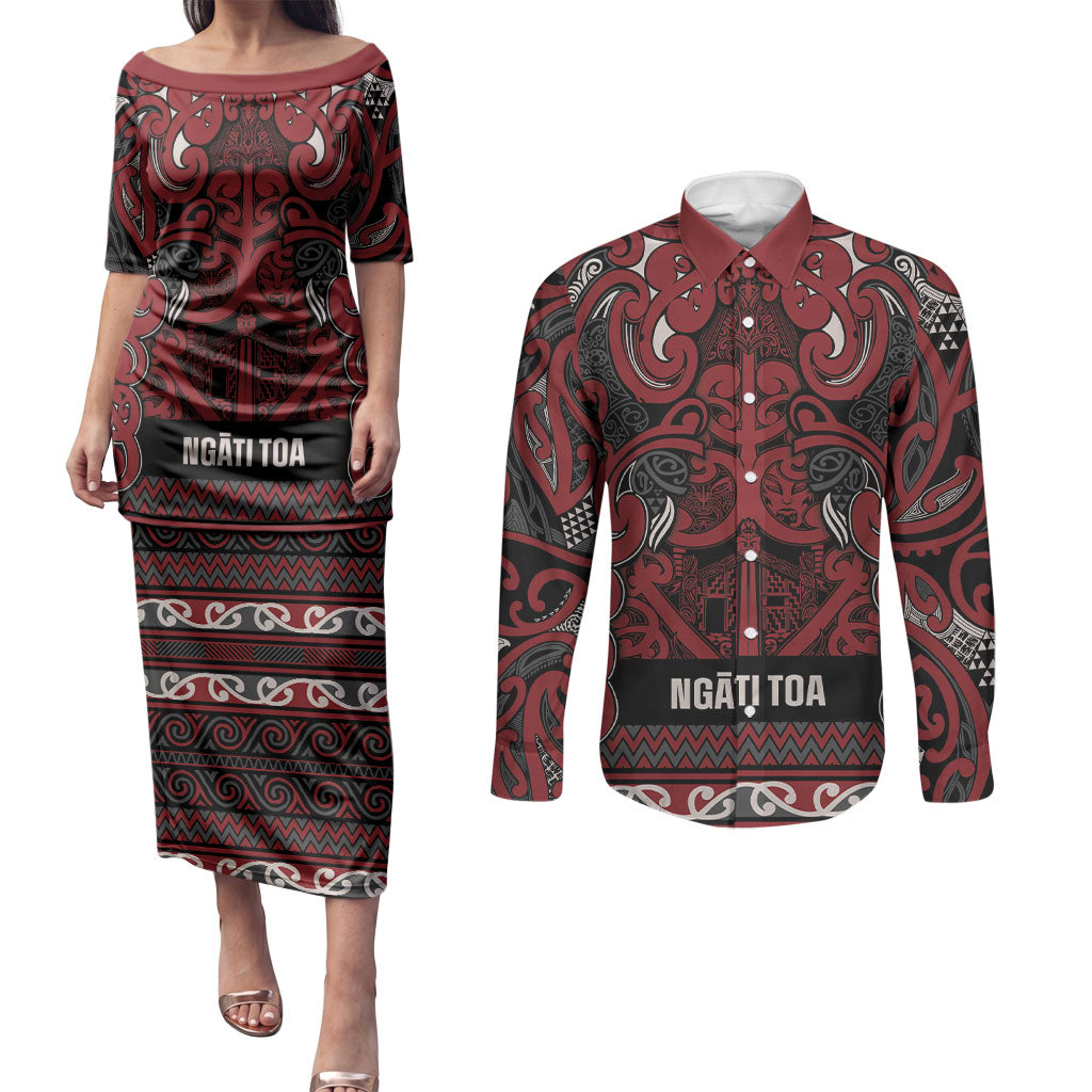 Aotearoa Iwi Ngati Toa Couples Matching Puletasi and Long Sleeve Button Shirt Maori Wharenui House Tribal Pattern LT9 Dark Red - Polynesian Pride