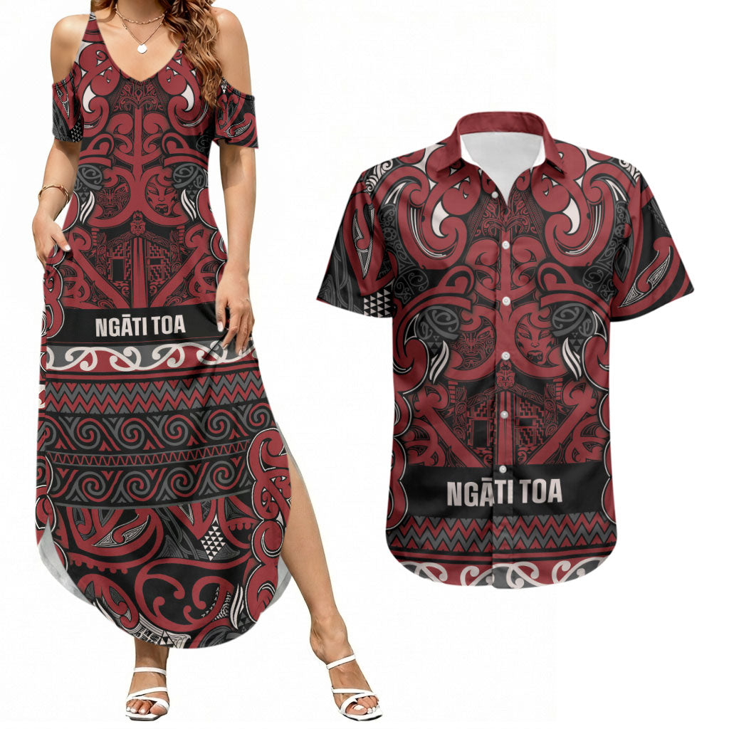 Aotearoa Iwi Ngati Toa Couples Matching Summer Maxi Dress and Hawaiian Shirt Maori Wharenui House Tribal Pattern LT9 Dark Red - Polynesian Pride