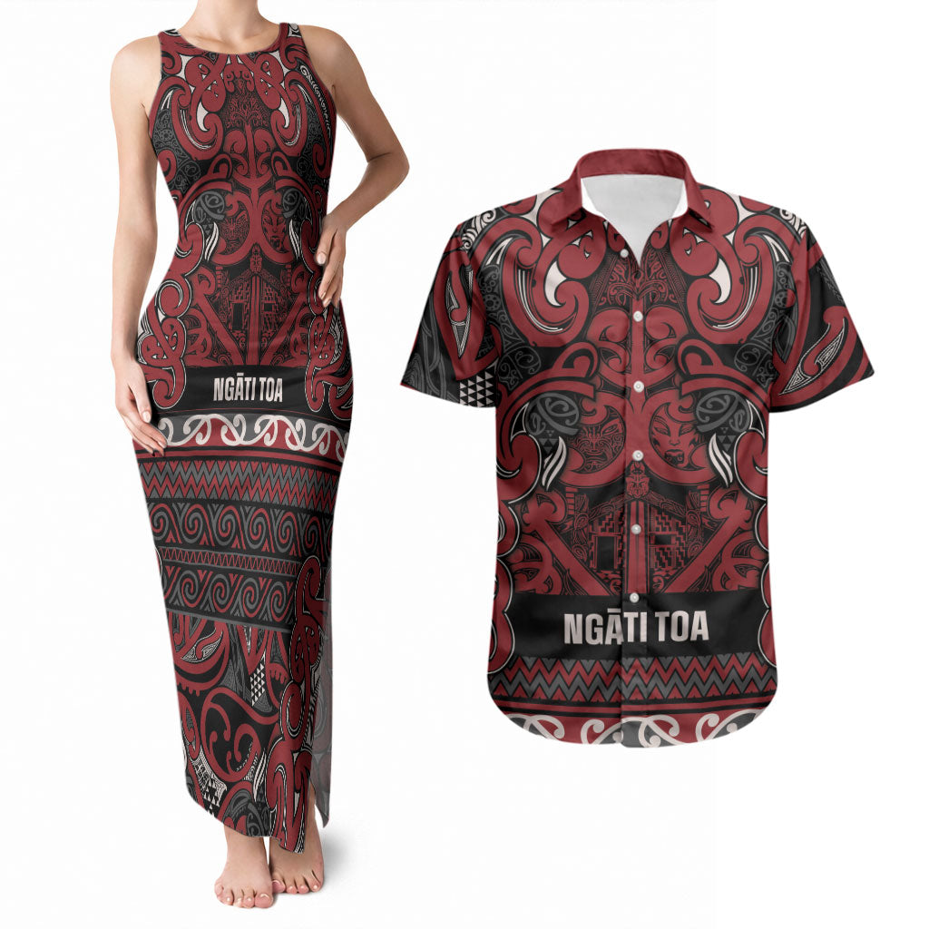 Aotearoa Iwi Ngati Toa Couples Matching Tank Maxi Dress and Hawaiian Shirt Maori Wharenui House Tribal Pattern LT9 Dark Red - Polynesian Pride