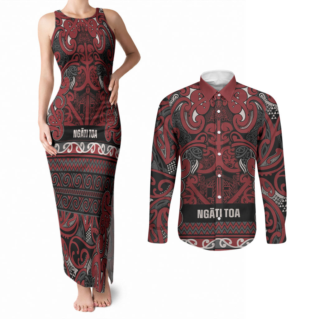 Aotearoa Iwi Ngati Toa Couples Matching Tank Maxi Dress and Long Sleeve Button Shirt Maori Wharenui House Tribal Pattern LT9 Dark Red - Polynesian Pride