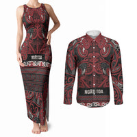 Aotearoa Iwi Ngati Toa Couples Matching Tank Maxi Dress and Long Sleeve Button Shirt Maori Wharenui House Tribal Pattern LT9 Dark Red - Polynesian Pride