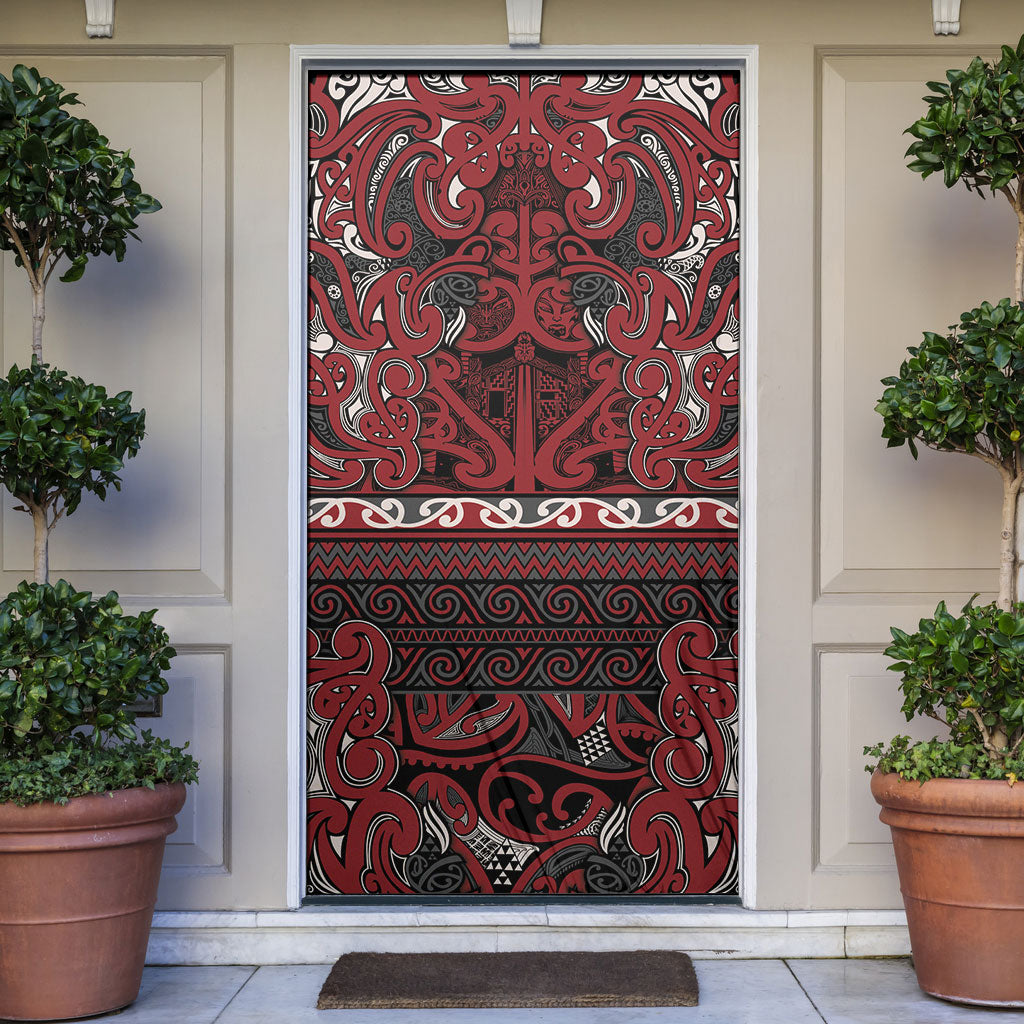 Aotearoa Iwi Ngati Toa Door Cover Maori Wharenui House Tribal Pattern LT9 Dark Red - Polynesian Pride