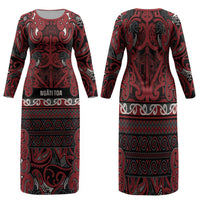 Aotearoa Iwi Ngati Toa Family Matching Long Sleeve Bodycon Dress and Hawaiian Shirt Maori Wharenui House Tribal Pattern LT9 Mom's Dress Dark Red - Polynesian Pride
