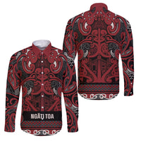 Aotearoa Iwi Ngati Toa Family Matching Mermaid Dress and Hawaiian Shirt Maori Wharenui House Tribal Pattern LT9 Dad's Shirt - Long Sleeve Dark Red - Polynesian Pride