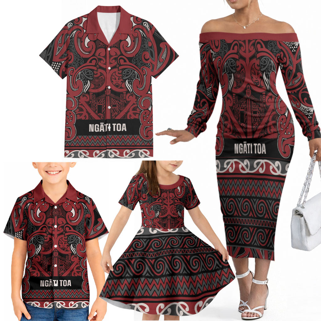 Aotearoa Iwi Ngati Toa Family Matching Off The Shoulder Long Sleeve Dress and Hawaiian Shirt Maori Wharenui House Tribal Pattern LT9 - Polynesian Pride