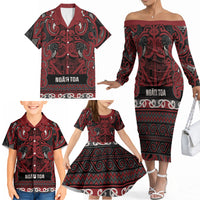 Aotearoa Iwi Ngati Toa Family Matching Off The Shoulder Long Sleeve Dress and Hawaiian Shirt Maori Wharenui House Tribal Pattern LT9 - Polynesian Pride