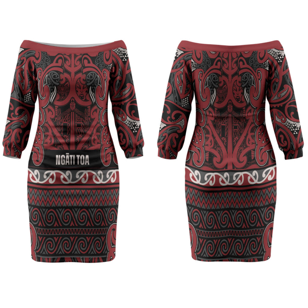 Aotearoa Iwi Ngati Toa Family Matching Off The Shoulder Long Sleeve Dress and Hawaiian Shirt Maori Wharenui House Tribal Pattern LT9 Mom's Dress Dark Red - Polynesian Pride