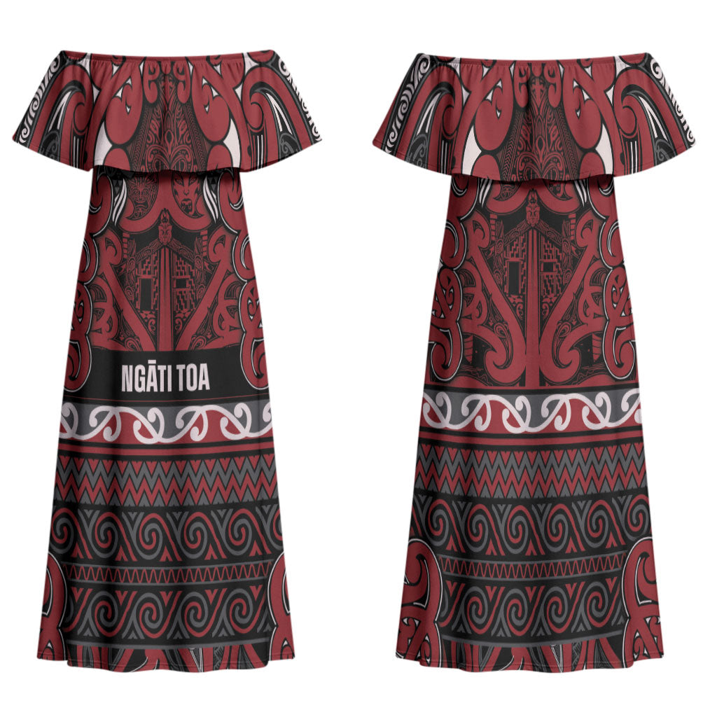 Aotearoa Iwi Ngati Toa Family Matching Off Shoulder Maxi Dress and Hawaiian Shirt Maori Wharenui House Tribal Pattern LT9 Mom's Dress Dark Red - Polynesian Pride
