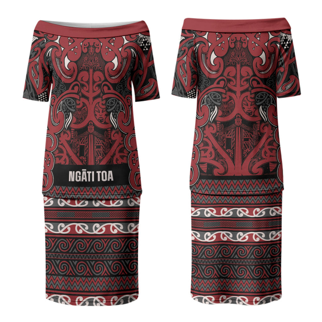 Aotearoa Iwi Ngati Toa Family Matching Puletasi and Hawaiian Shirt Maori Wharenui House Tribal Pattern LT9 Mom's Dress Dark Red - Polynesian Pride