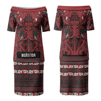 Aotearoa Iwi Ngati Toa Family Matching Puletasi and Hawaiian Shirt Maori Wharenui House Tribal Pattern LT9 Mom's Dress Dark Red - Polynesian Pride
