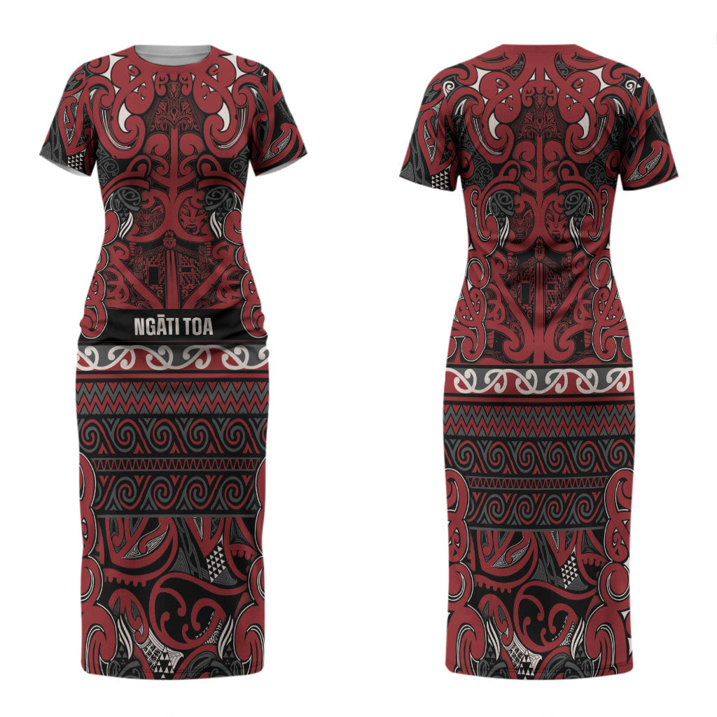 Aotearoa Iwi Ngati Toa Family Matching Short Sleeve Bodycon Dress and Hawaiian Shirt Maori Wharenui House Tribal Pattern LT9 Mom's Dress Dark Red - Polynesian Pride