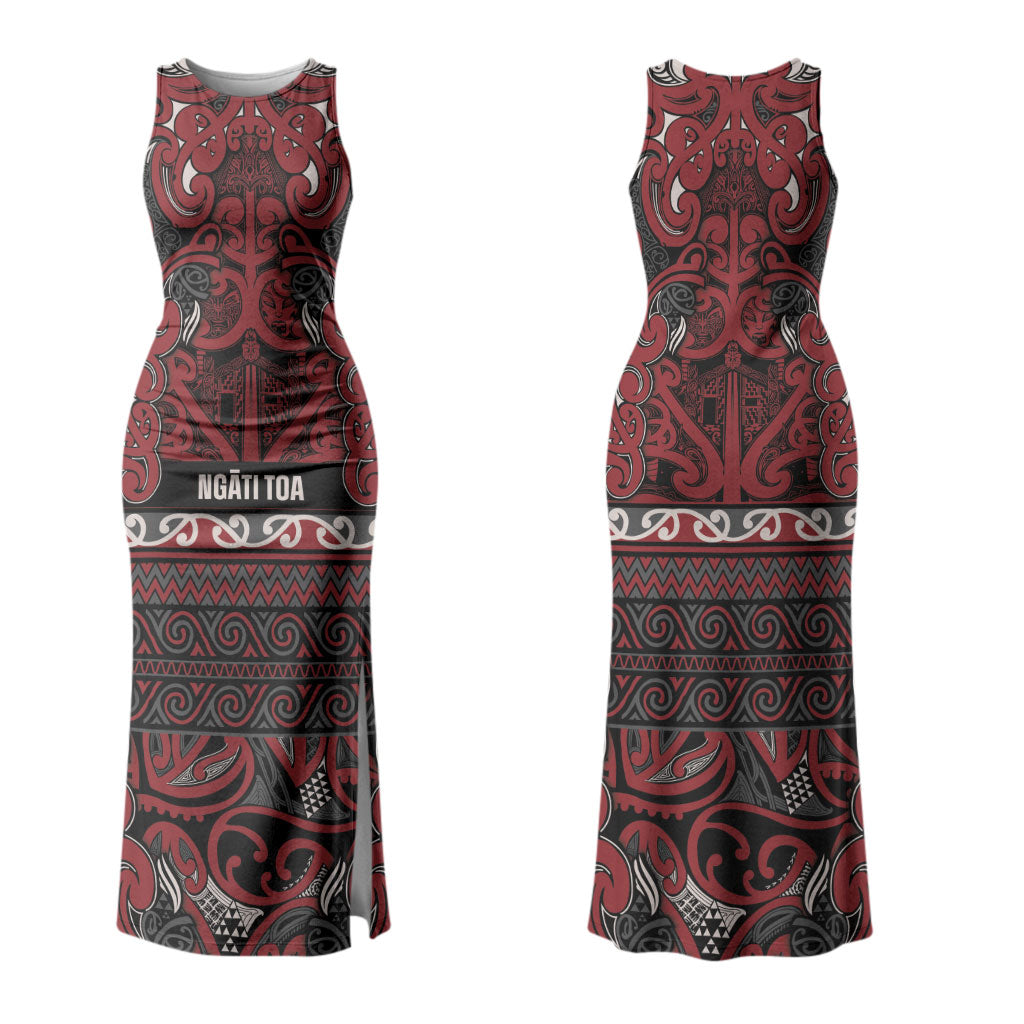 Aotearoa Iwi Ngati Toa Family Matching Tank Maxi Dress and Hawaiian Shirt Maori Wharenui House Tribal Pattern LT9 Mom's Dress Dark Red - Polynesian Pride