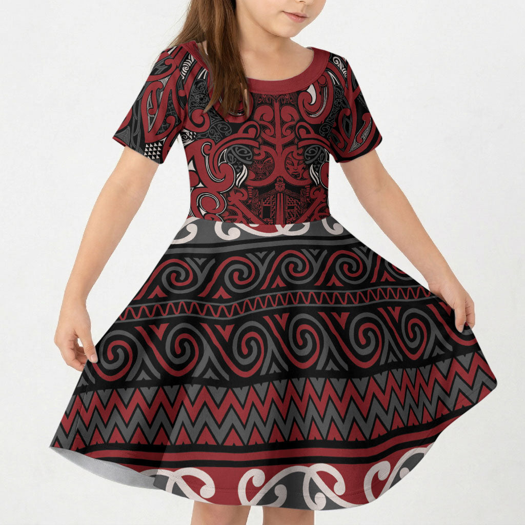 Aotearoa Iwi Ngati Toa Kid Short Sleeve Dress Maori Wharenui House Tribal Pattern LT9 KID Dark Red - Polynesian Pride
