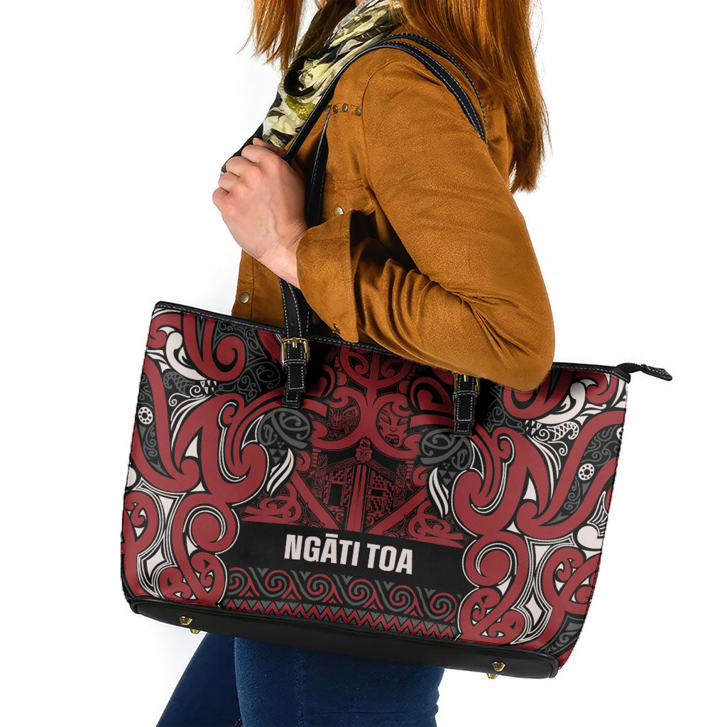 Aotearoa Iwi Ngati Toa Leather Tote Bag Maori Wharenui House Tribal Pattern LT9 Dark Red - Polynesian Pride