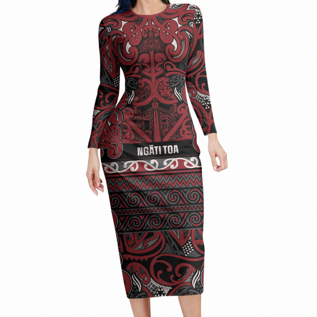 Aotearoa Iwi Ngati Toa Long Sleeve Bodycon Dress Maori Wharenui House Tribal Pattern LT9 Long Dress Dark Red - Polynesian Pride