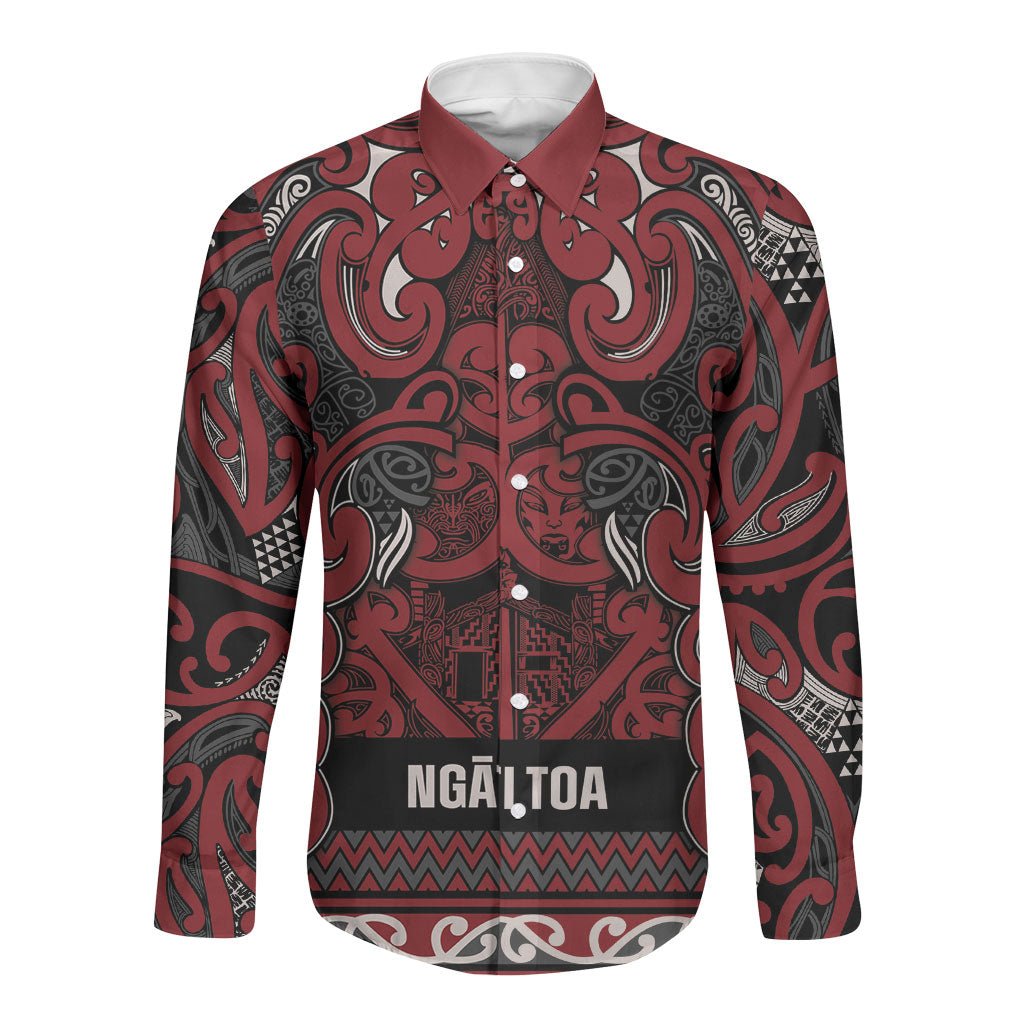 Aotearoa Iwi Ngati Toa Long Sleeve Button Shirt Maori Wharenui House Tribal Pattern LT9 Unisex Dark Red - Polynesian Pride