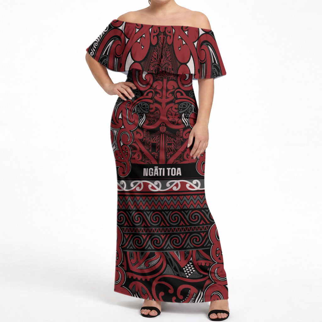 Aotearoa Iwi Ngati Toa Off Shoulder Maxi Dress Maori Wharenui House Tribal Pattern LT9 Women Dark Red - Polynesian Pride