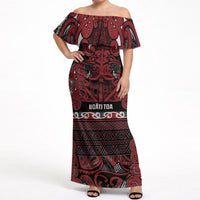 Aotearoa Iwi Ngati Toa Off Shoulder Maxi Dress Maori Wharenui House Tribal Pattern LT9 Women Dark Red - Polynesian Pride