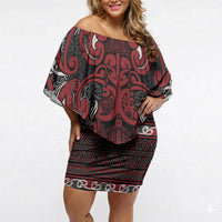 Aotearoa Iwi Ngati Toa Off Shoulder Short Dress Maori Wharenui House Tribal Pattern LT9 Women Dark Red - Polynesian Pride