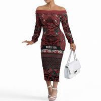 Aotearoa Iwi Ngati Toa Off The Shoulder Long Sleeve Dress Maori Wharenui House Tribal Pattern LT9 Women Dark Red - Polynesian Pride