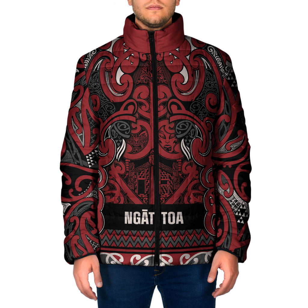 Aotearoa Iwi Ngati Toa Padded Jacket Maori Wharenui House Tribal Pattern LT9 Men Dark Red - Polynesian Pride
