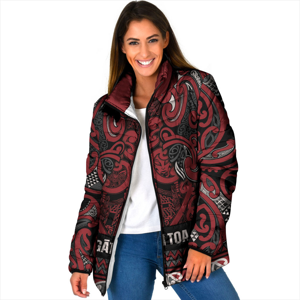 Aotearoa Iwi Ngati Toa Padded Jacket Maori Wharenui House Tribal Pattern LT9 Women Dark Red - Polynesian Pride