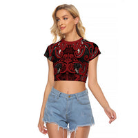 Aotearoa Iwi Ngati Toa Raglan Cropped T Shirt Maori Wharenui House Tribal Pattern LT9 Female Dark Red - Polynesian Pride