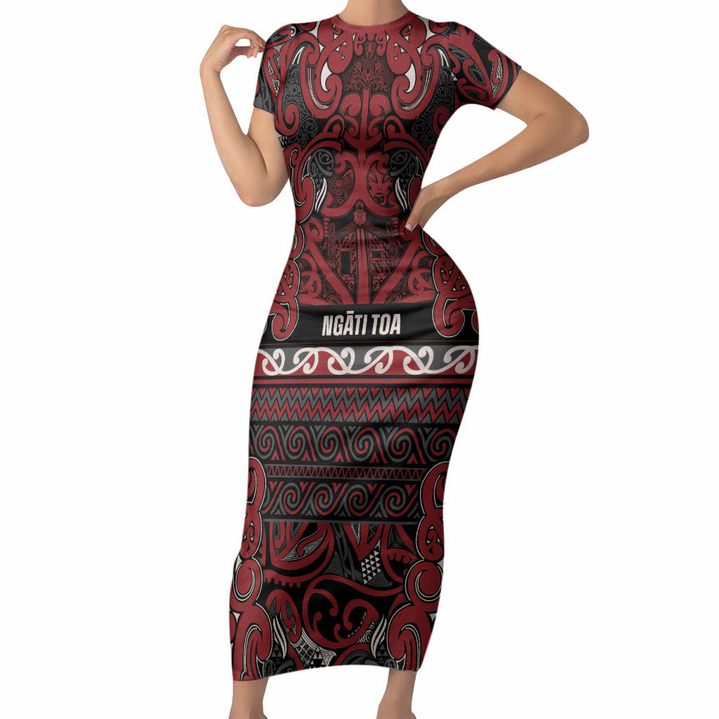 Aotearoa Iwi Ngati Toa Short Sleeve Bodycon Dress Maori Wharenui House Tribal Pattern LT9 Long Dress Dark Red - Polynesian Pride