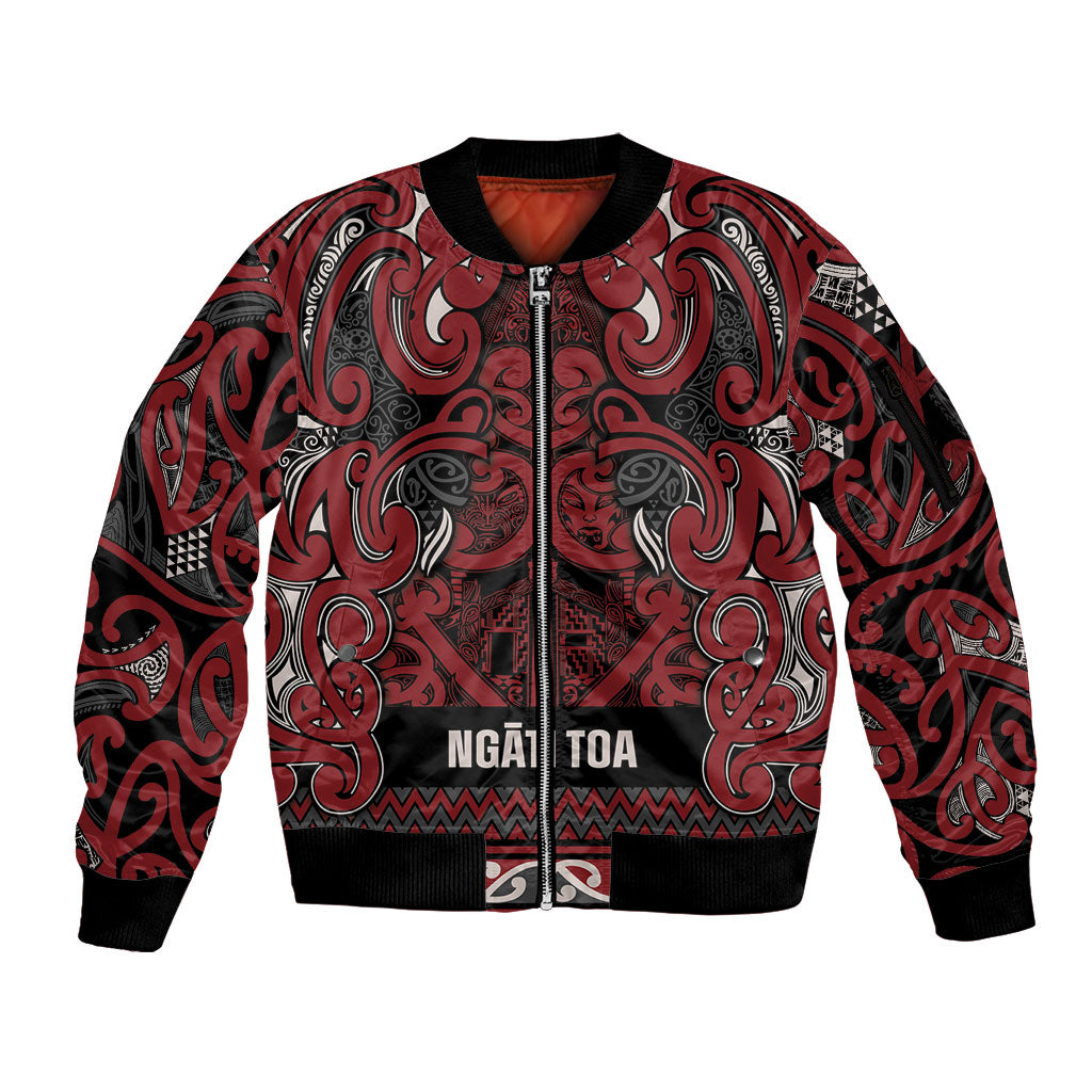 Aotearoa Iwi Ngati Toa Sleeve Zip Bomber Jacket Maori Wharenui House Tribal Pattern LT9 Unisex Dark Red - Polynesian Pride