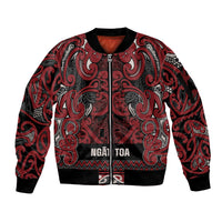 Aotearoa Iwi Ngati Toa Sleeve Zip Bomber Jacket Maori Wharenui House Tribal Pattern LT9 Unisex Dark Red - Polynesian Pride